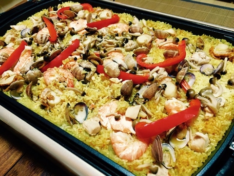 ホットプレートで海鮮パエリア